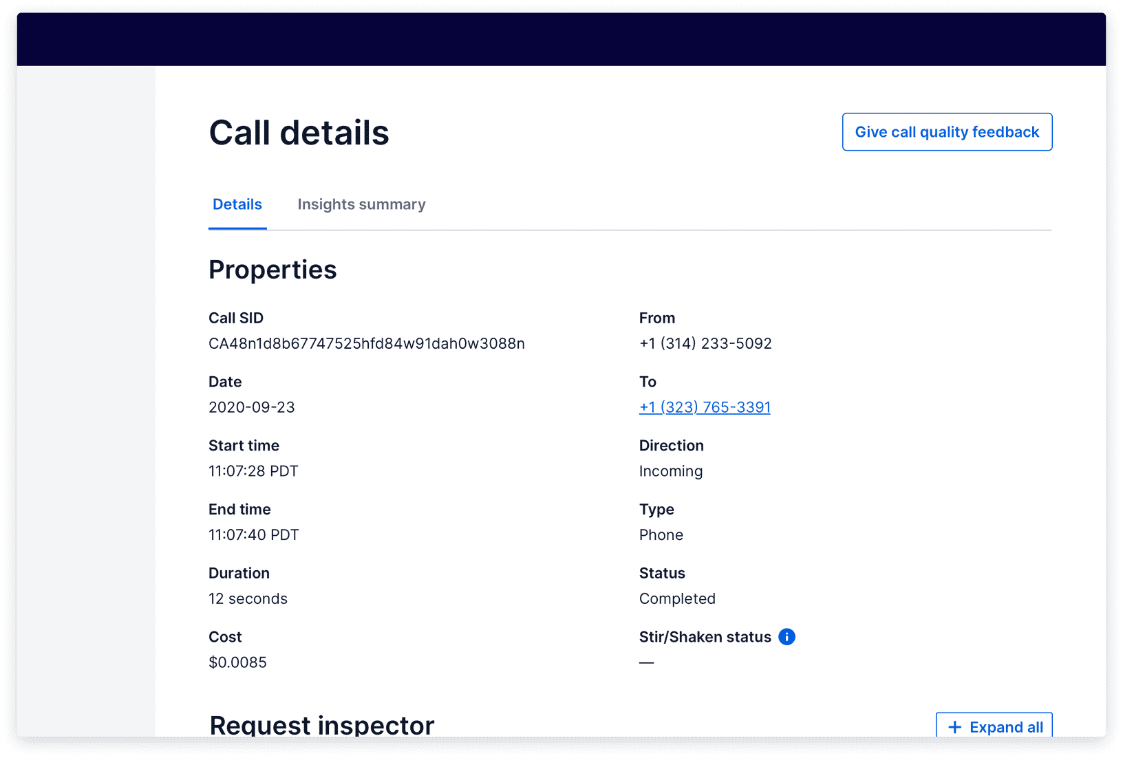 Screen of call details with tabs and list of properties