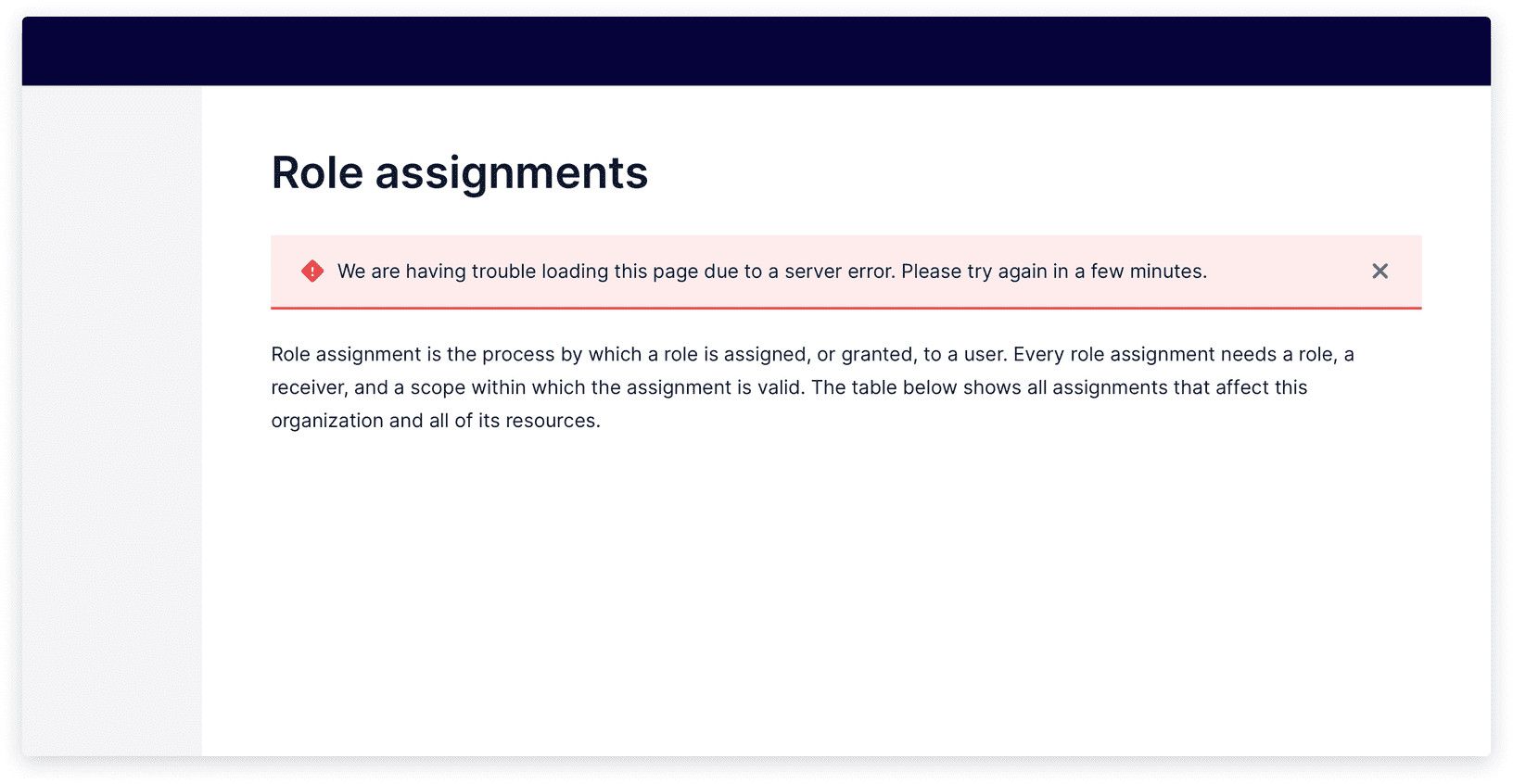 Screen with alert informing users of a server error