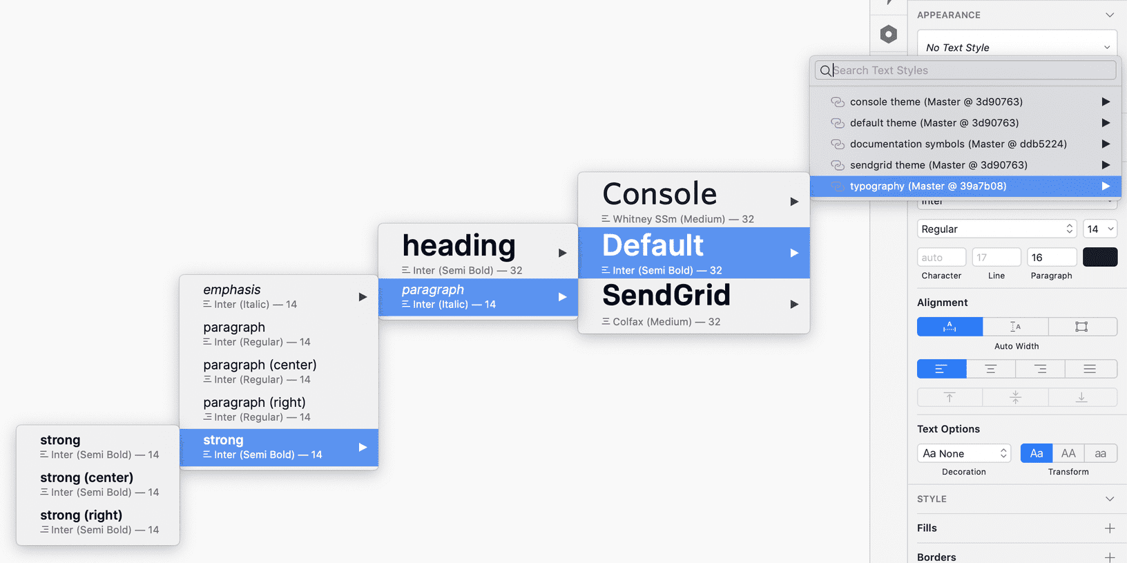 Menu in Sketch where you can navigate through text styles from the Typography Sketch library