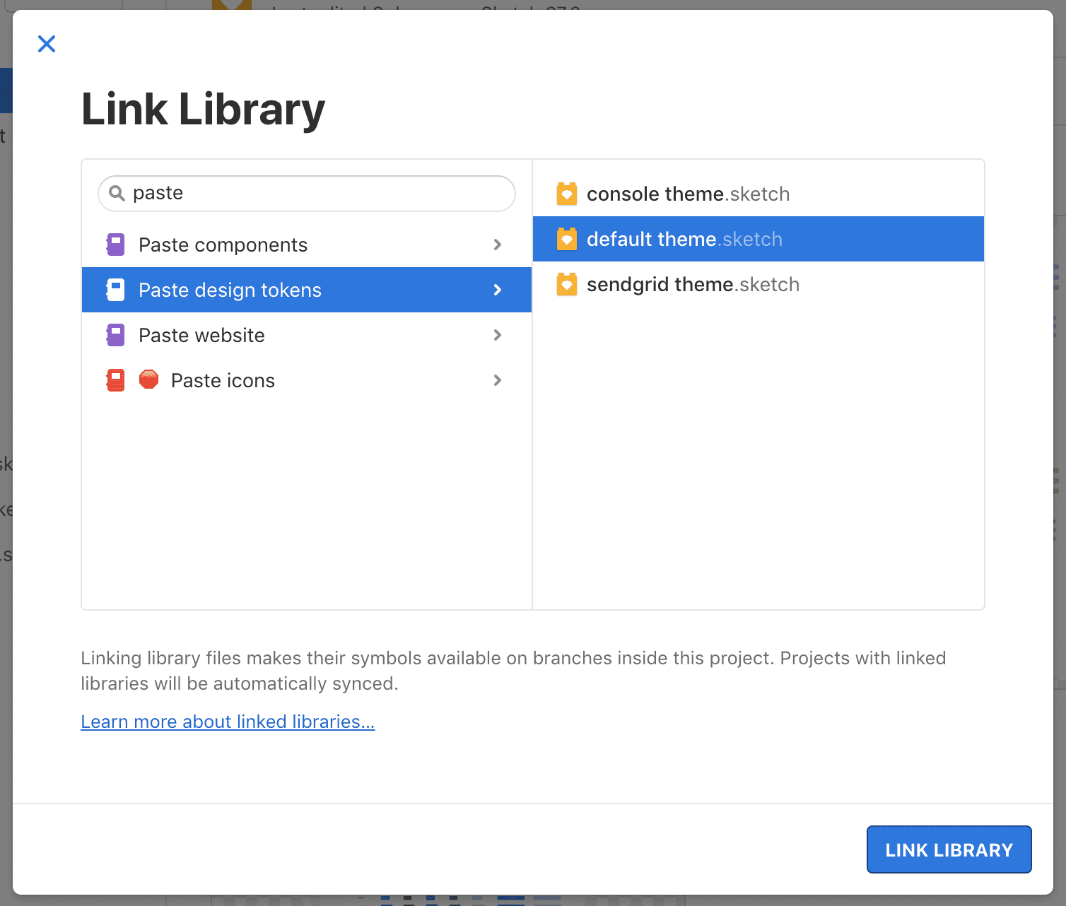 Modal in Abstract where you can select libraries from the Paste design tokens project to link to your project