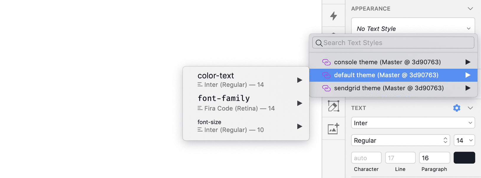 Menu in Sketch when you can navigate through text styles for the Default theme