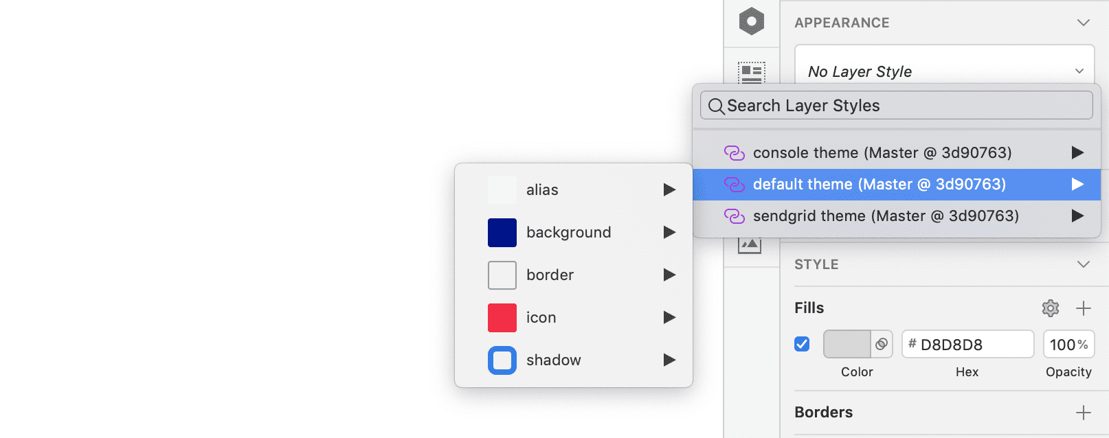 Menu in Sketch where you can navigate through layer styles for the Default theme