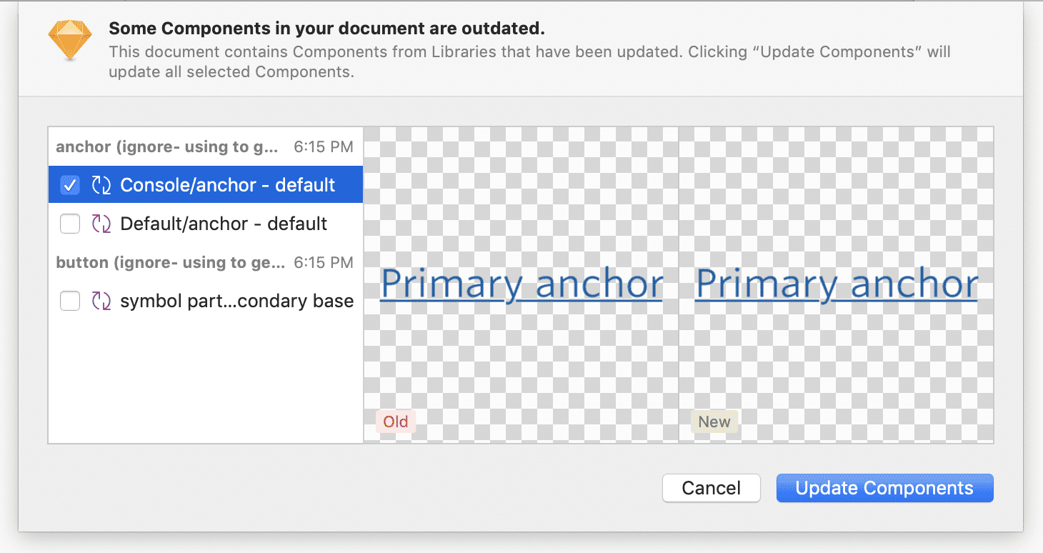 Modal in Sketch that allows you to select which library updates you want to accept into your file