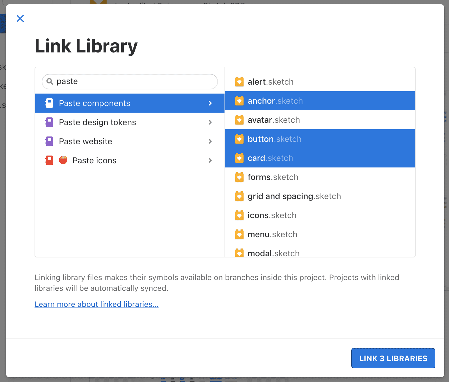 Modal in Abstract where you can select libraries from the Paste compenents project to link to your project