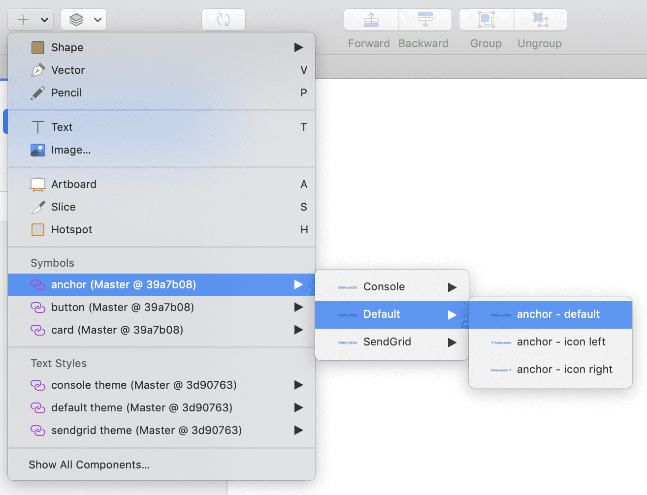 Menu in Sketch where you can navigate through symbols from the Anchor Sketch library
