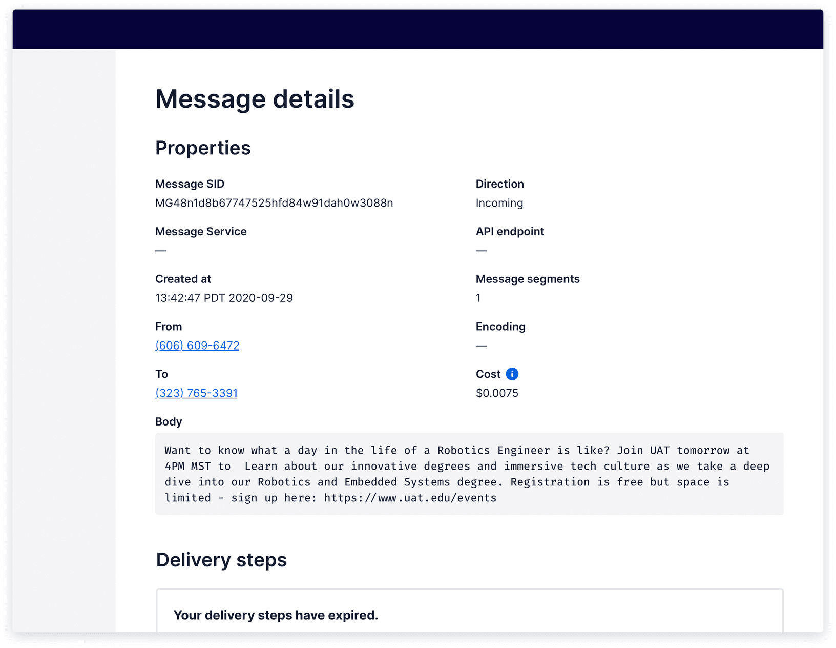 Screen of message details and list of properties